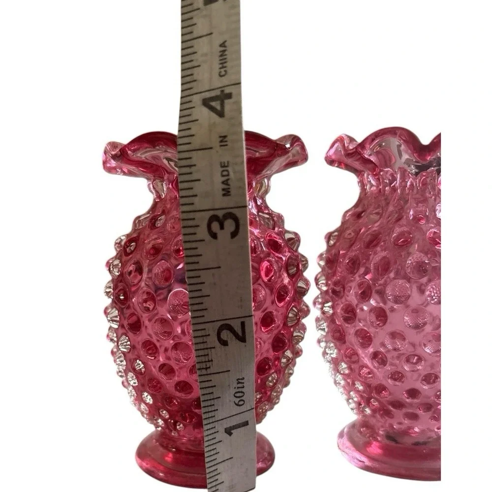 Vintage Fenton Cranberry Opalescent Hobnail Ruffled Mini Bud Vase pair 4